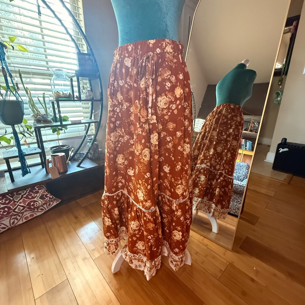 Rust Floral Boho Maxi Skirt